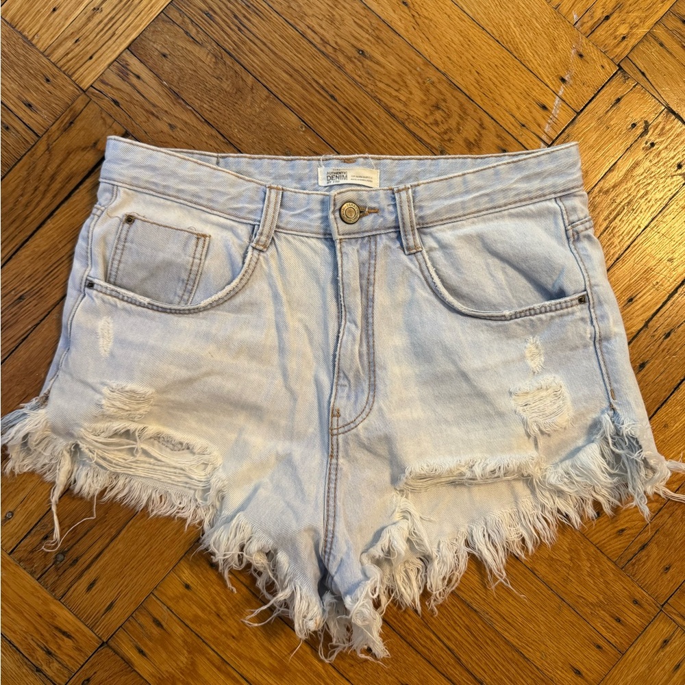 Zara Blue Jean Shorts with Distressed Hem